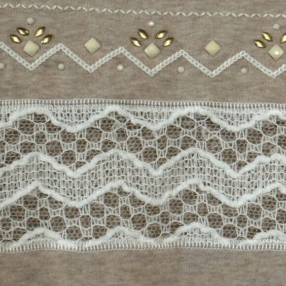 Alfred Dunner Blouse Womens L Tan White Scoop Neck Lace Embellished Long Sleeve - Picture 3 of 15